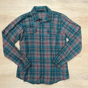 Women’s size medium, red blue plaid, long sleeve collared button up Woolrich